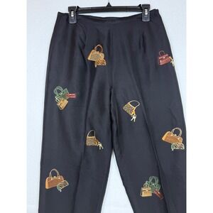 Vintage‎ S.L.B. Silk Handbag Embroidered Trousers Womens 10 Black Print Pants